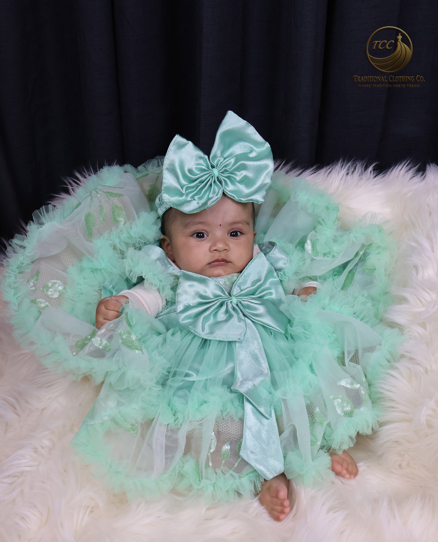 Elegant Mint Green Baby Dress with Layered Tulle & Satin Bow – Special Occasion Wear