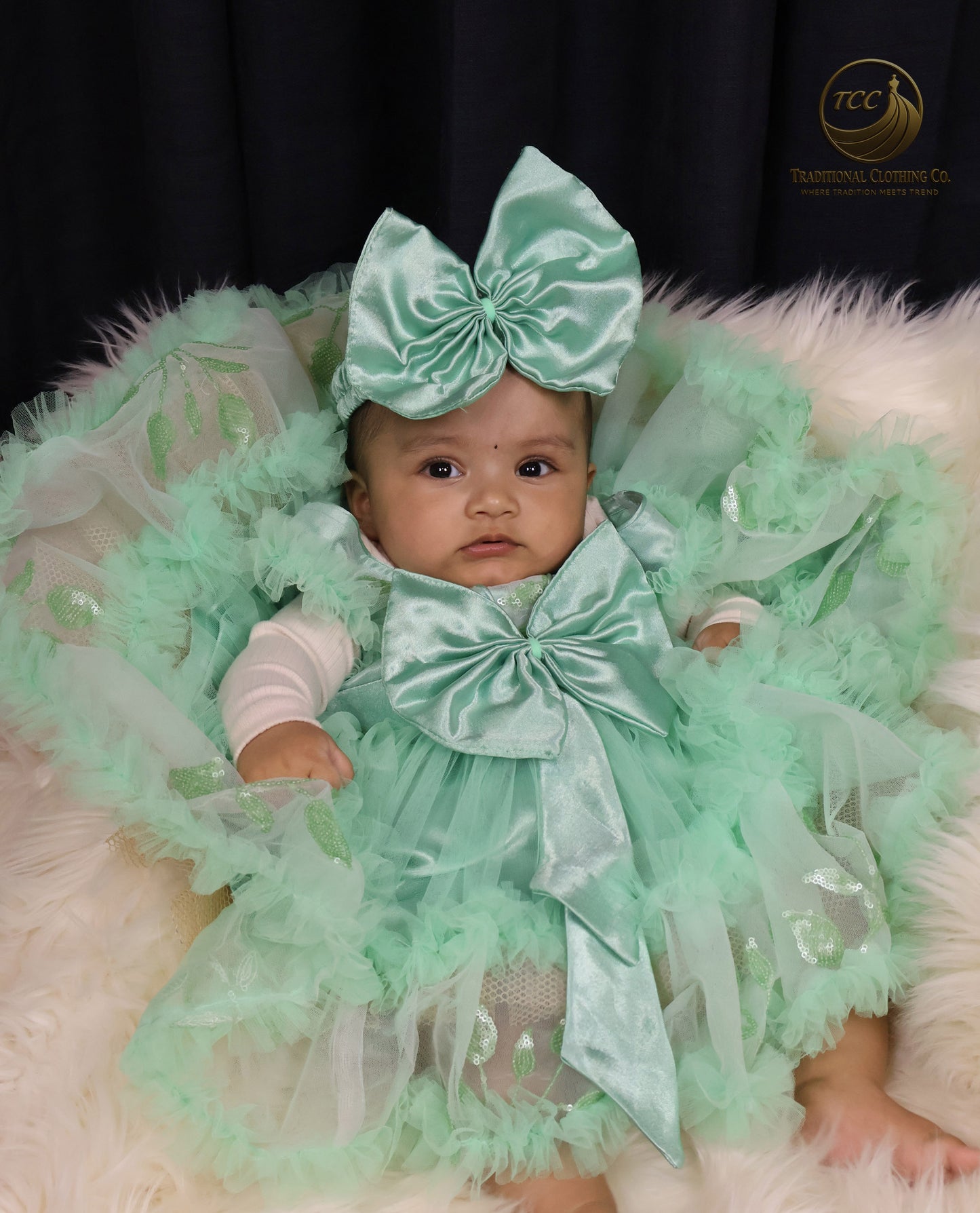 Elegant Mint Green Baby Dress with Layered Tulle & Satin Bow – Special Occasion Wear