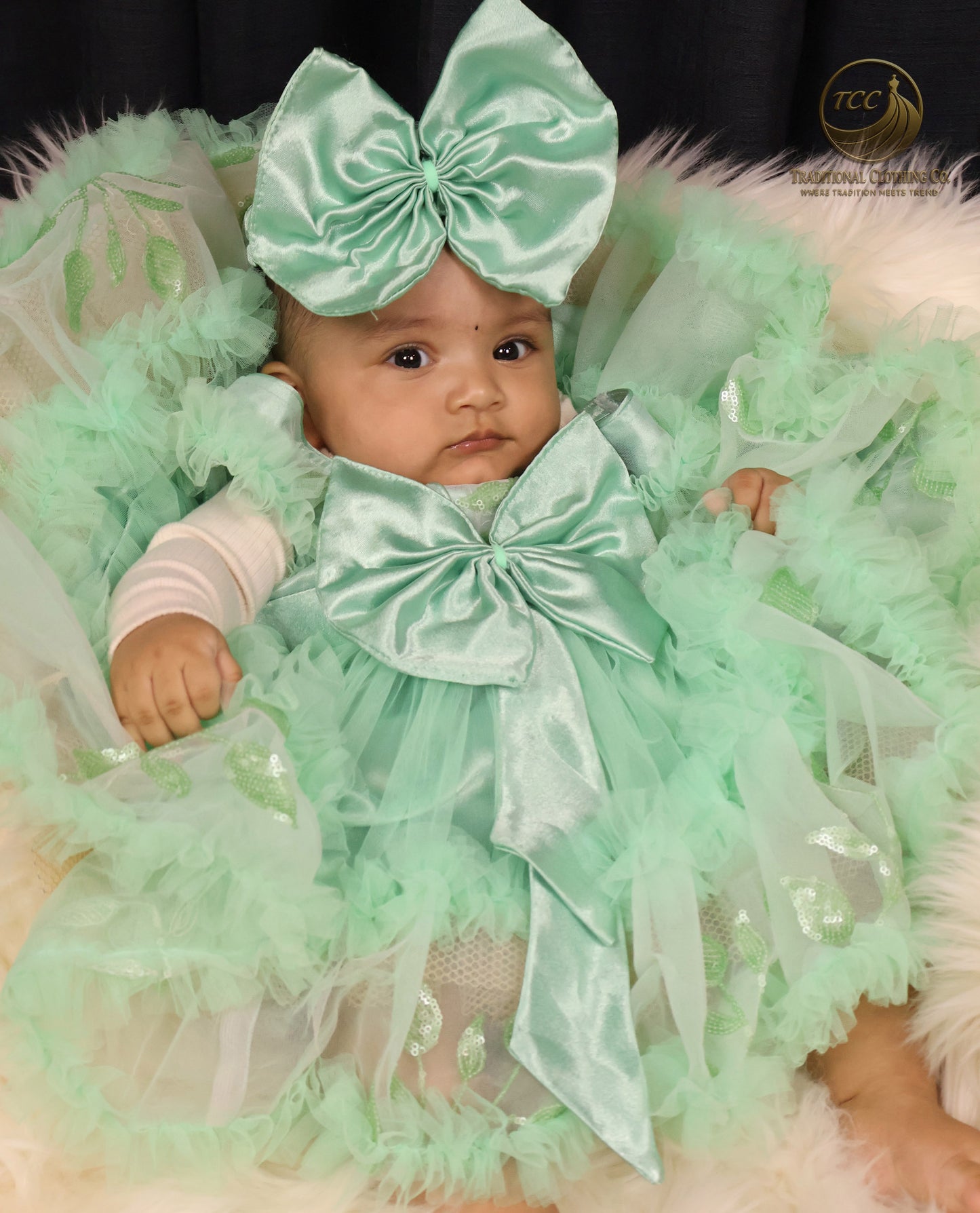 Elegant Mint Green Baby Dress with Layered Tulle & Satin Bow – Special Occasion Wear
