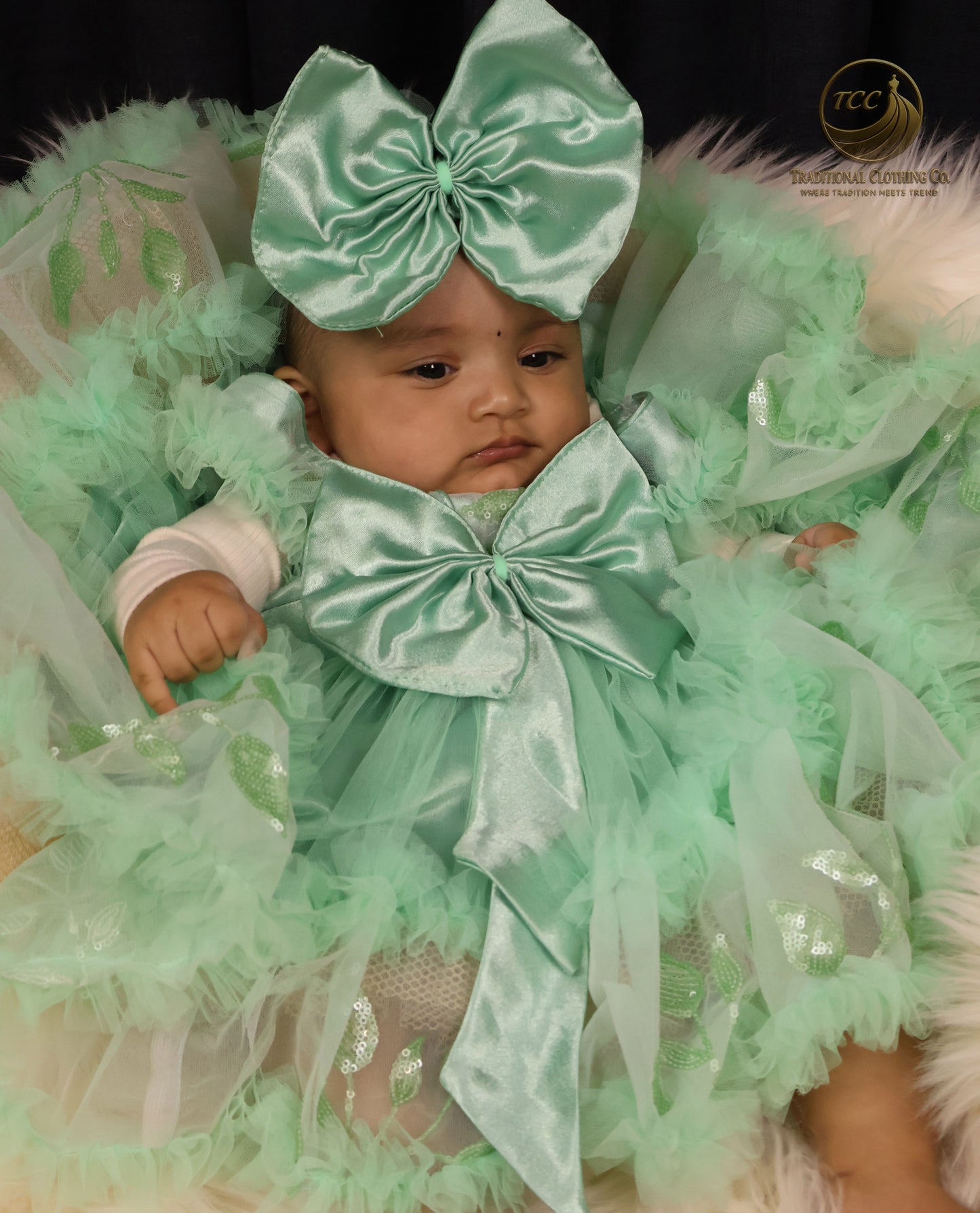 Elegant Mint Green Baby Dress with Layered Tulle & Satin Bow – Special Occasion Wear