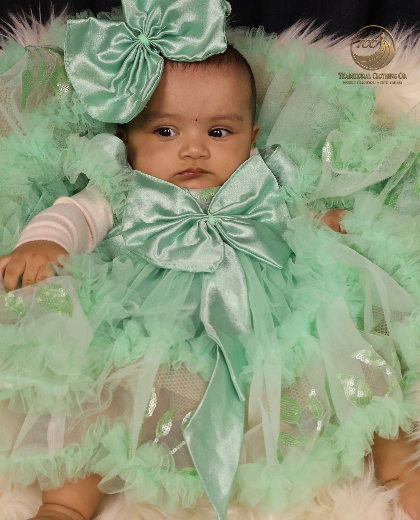 Elegant Mint Green Baby Dress with Layered Tulle & Satin Bow – Special Occasion Wear