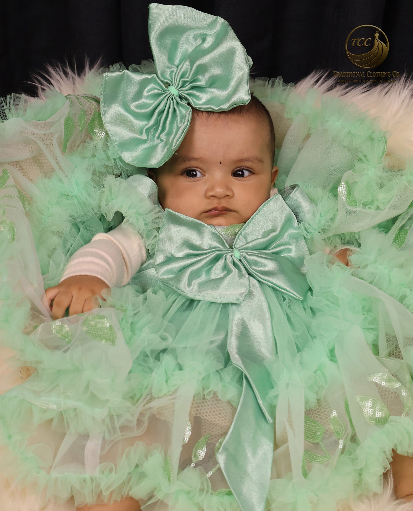Elegant Mint Green Baby Dress with Layered Tulle & Satin Bow – Special Occasion Wear