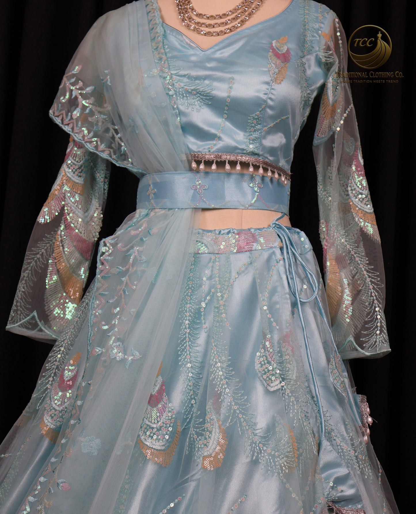Elegant Light Blue Lehenga Choli with Intricate Peacock Embroidery – Traditional Festive Wear