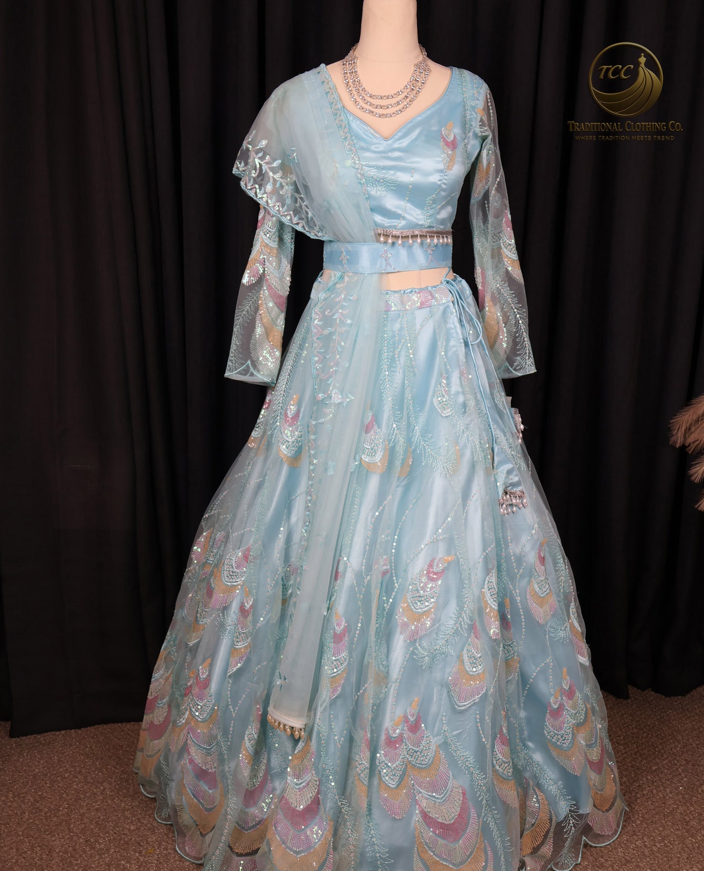 Elegant Light Blue Lehenga Choli with Intricate Peacock Embroidery – Traditional Festive Wear