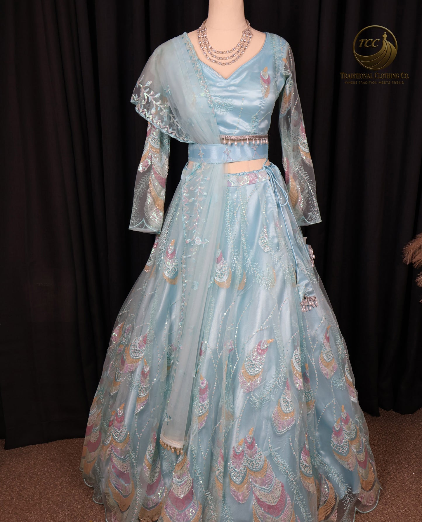 Elegant Light Blue Lehenga Choli with Intricate Peacock Embroidery – Traditional Festive Wear