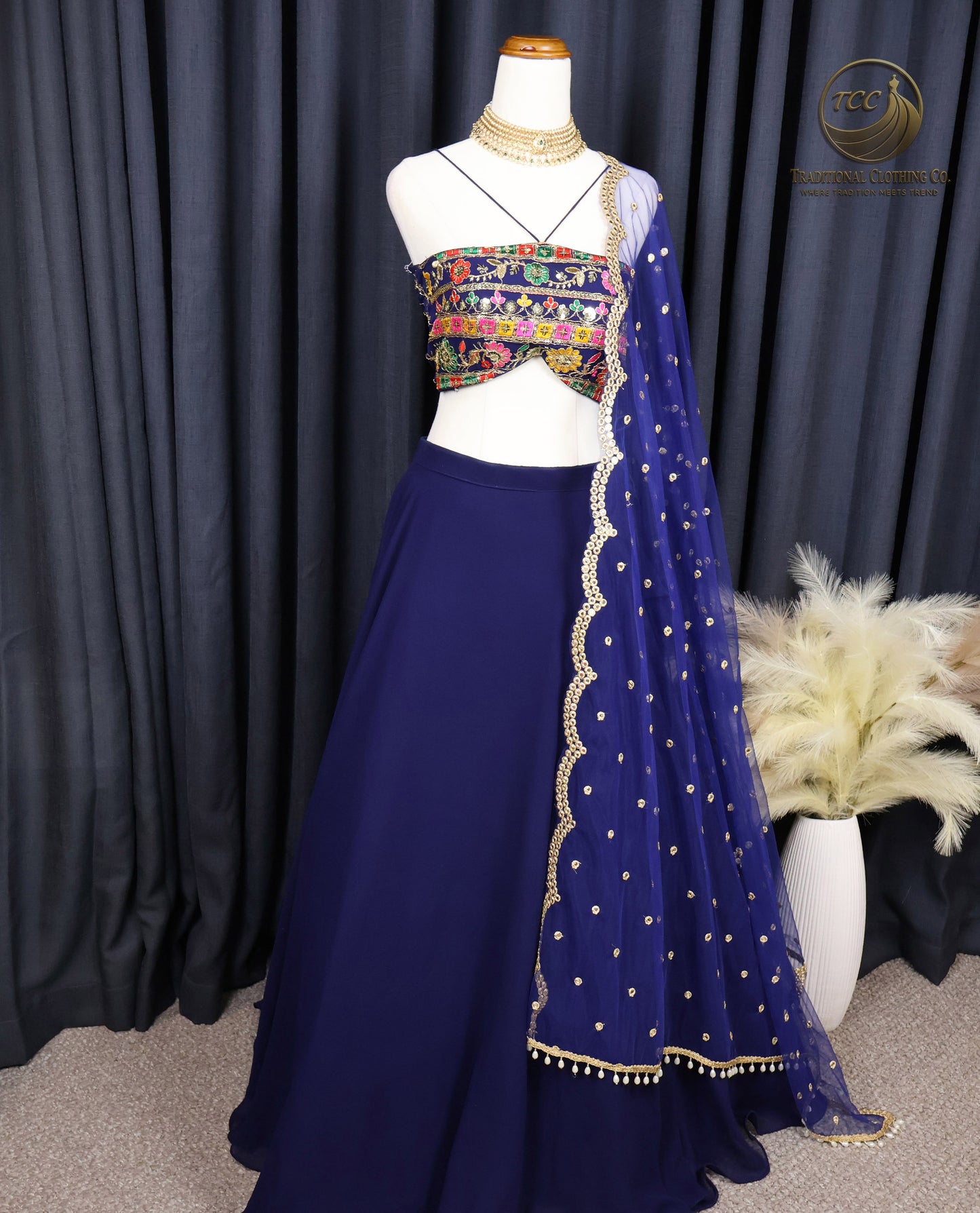 Deep Blue Lehenga Choli sequinned with Gold Embroidery – Elegant Festive & Wedding Wear