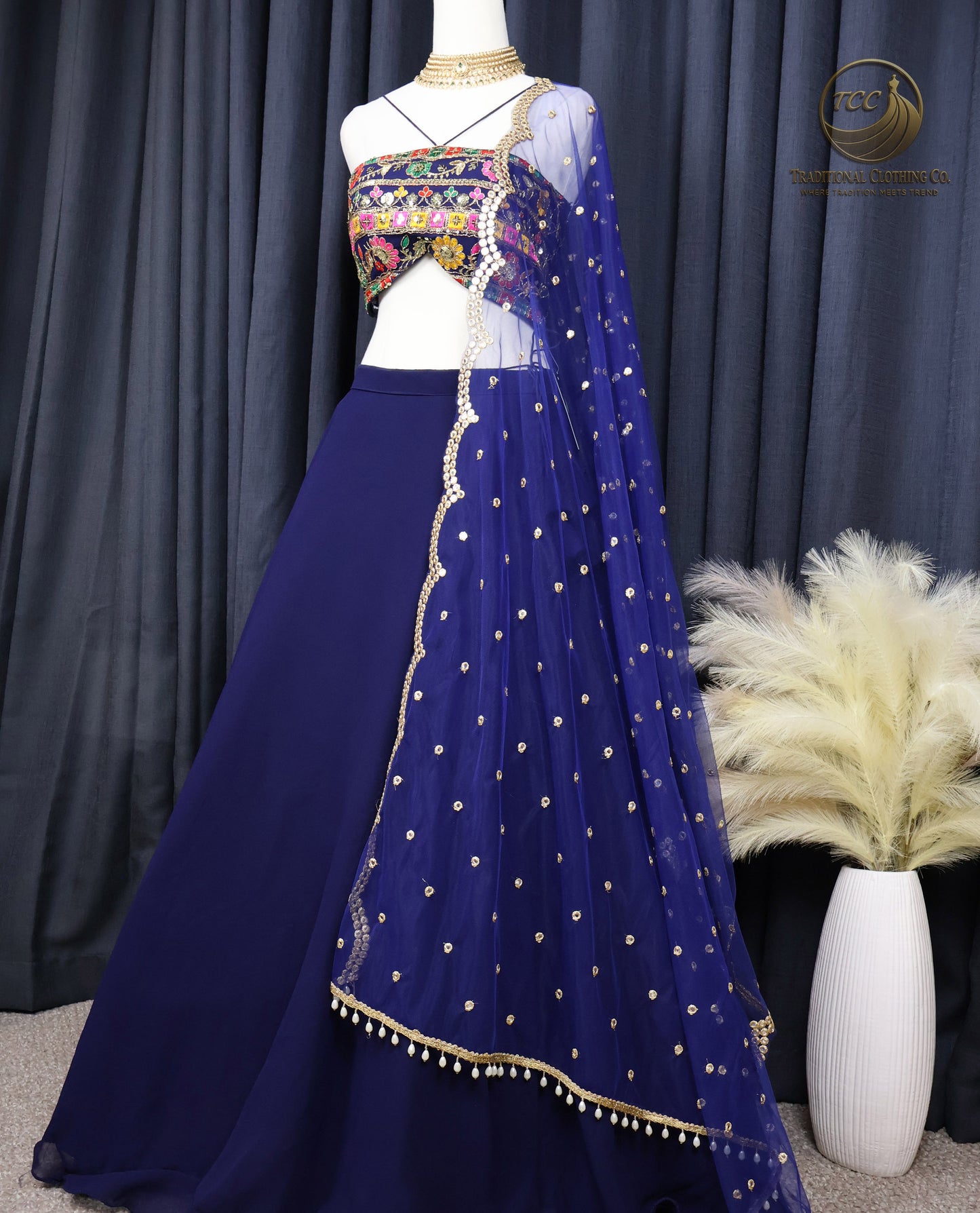 Deep Blue Lehenga Choli sequinned with Gold Embroidery – Elegant Festive & Wedding Wear
