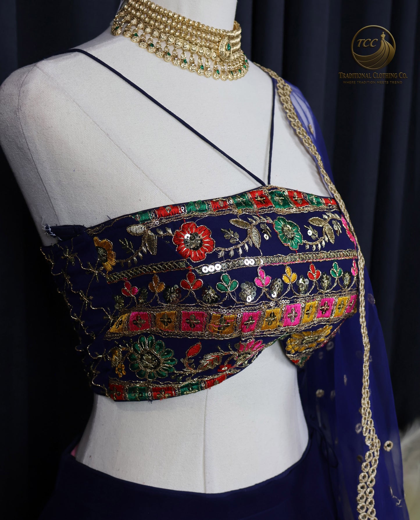 Deep Blue Lehenga Choli sequinned with Gold Embroidery – Elegant Festive & Wedding Wear