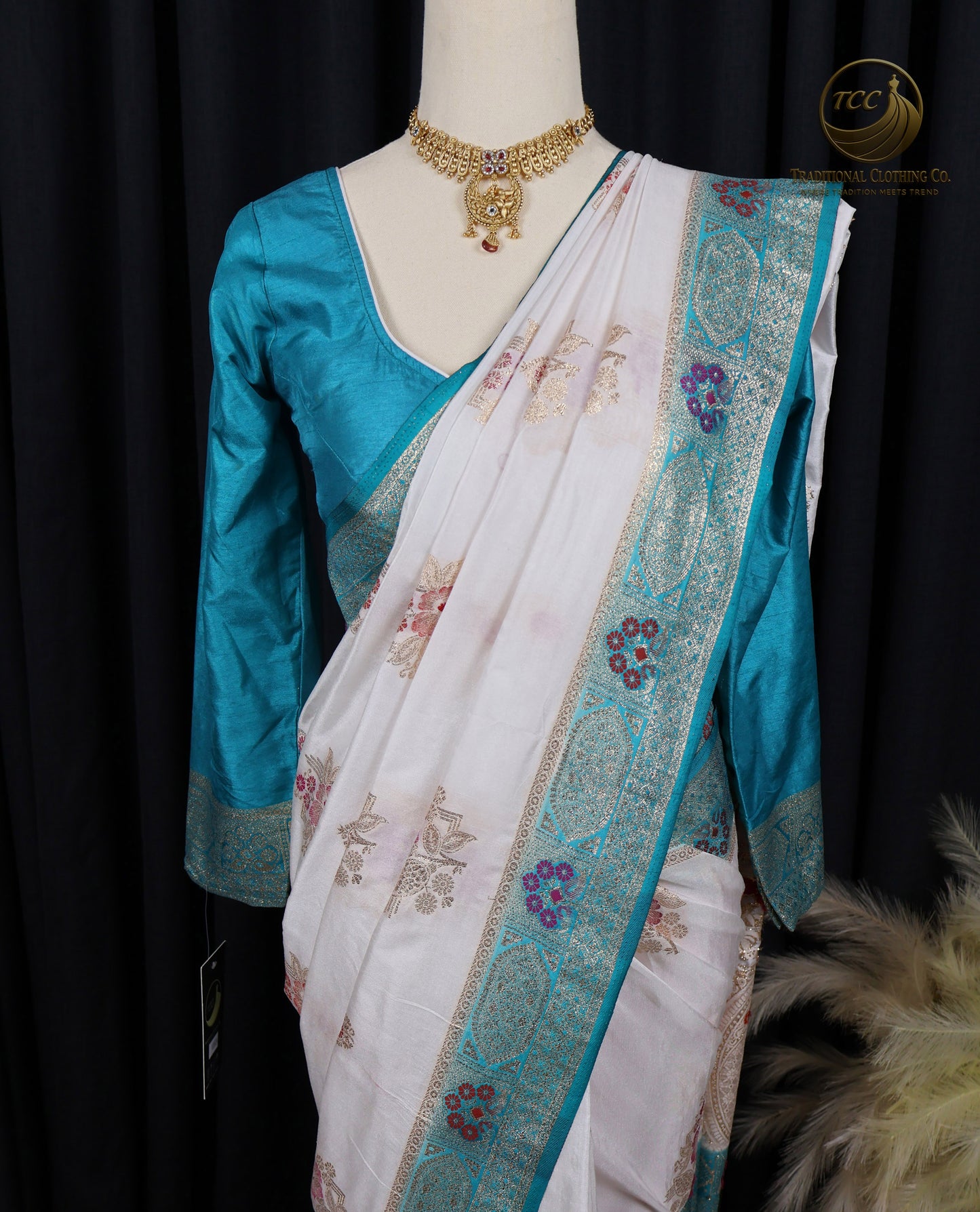 Elegant White Saree with Turquoise Tropical Teal Floral Embroidery – Traditional Festive Wear | Ready to Wear - Boutique Edition