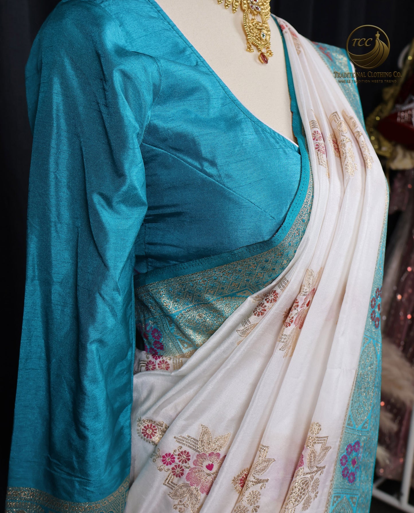 Elegant White Saree with Turquoise Tropical Teal Floral Embroidery – Traditional Festive Wear | Ready to Wear - Boutique Edition