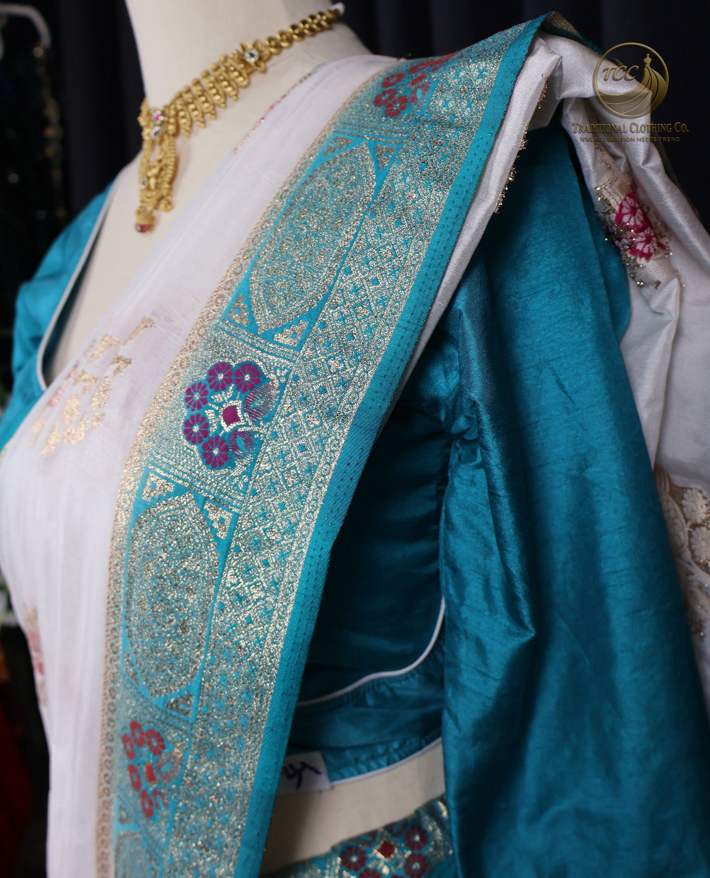 Elegant White Saree with Turquoise Tropical Teal Floral Embroidery – Traditional Festive Wear | Ready to Wear - Boutique Edition