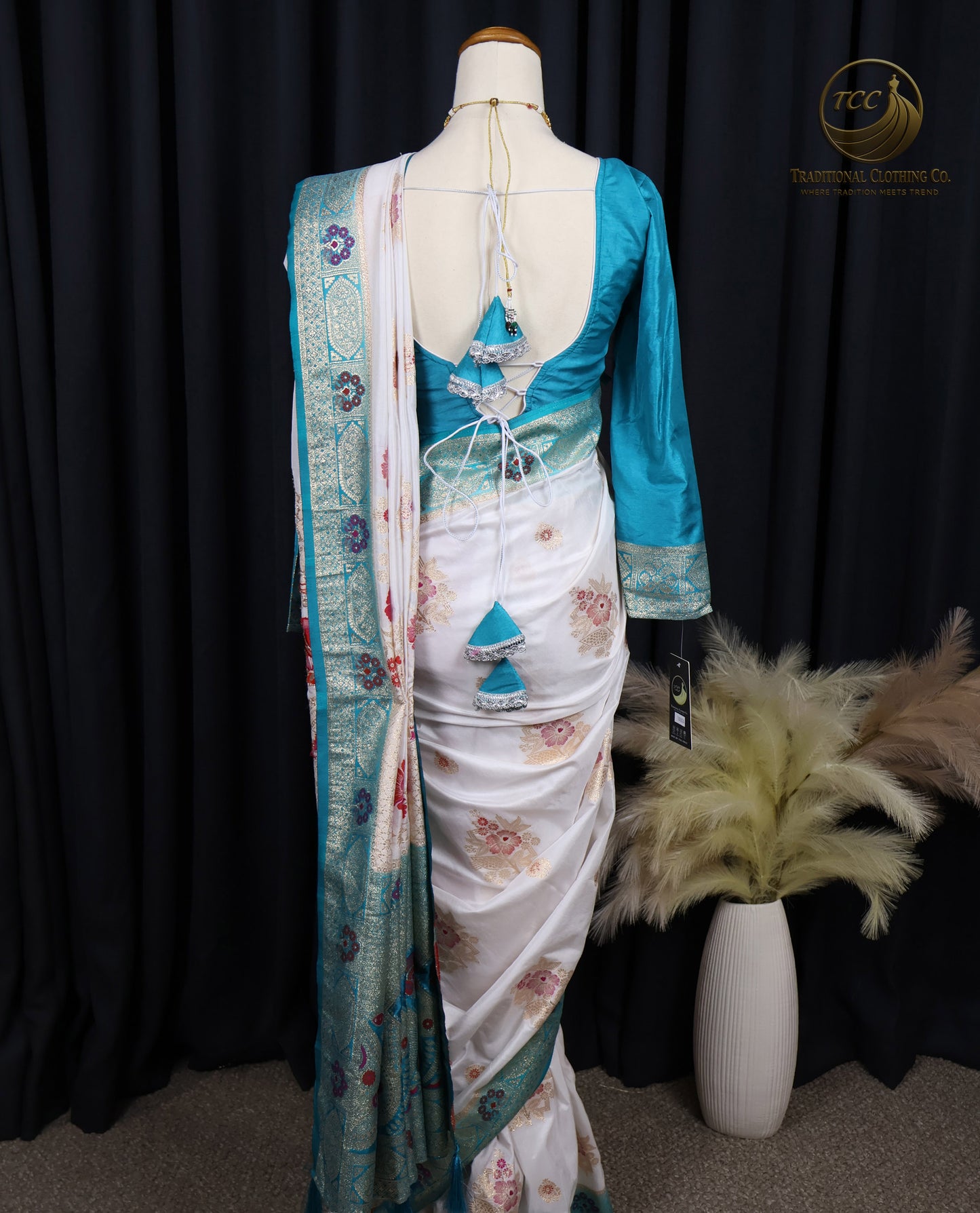 Elegant White Saree with Turquoise Tropical Teal Floral Embroidery – Traditional Festive Wear | Ready to Wear - Boutique Edition