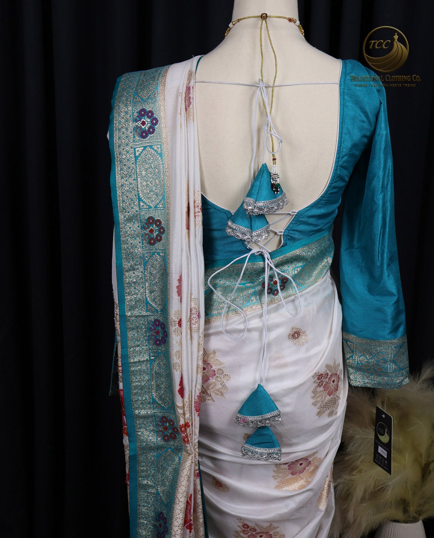 Elegant White Saree with Turquoise Tropical Teal Floral Embroidery – Traditional Festive Wear | Ready to Wear - Boutique Edition