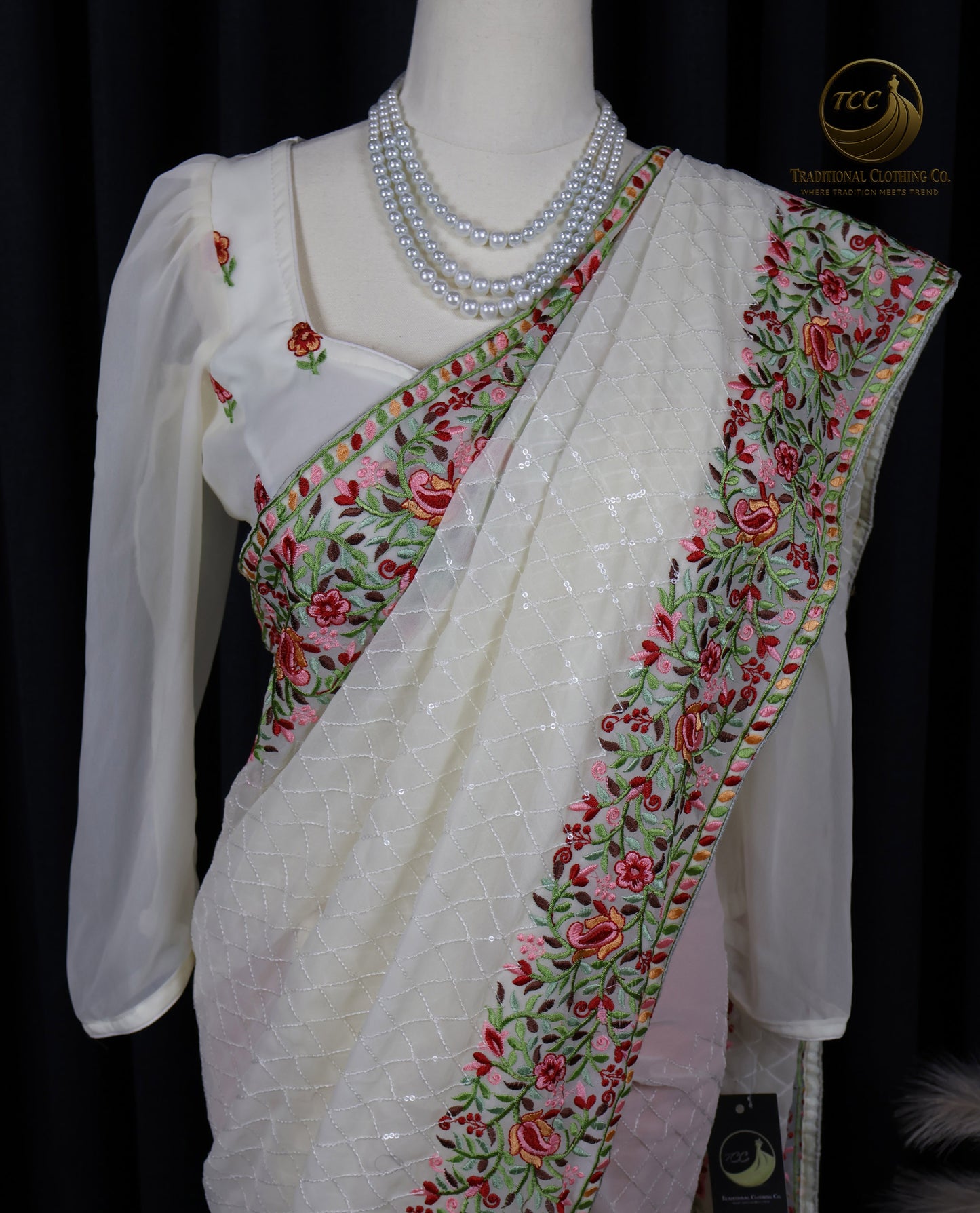 White Floral Embroidered Sequin Saree – Elegant Traditional Festive Wear | Ready to Wear - Boitique Edition