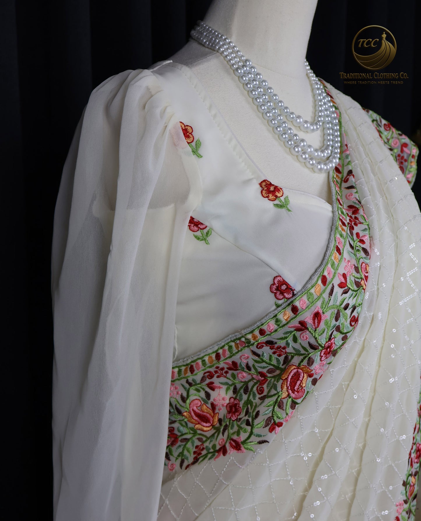 White Floral Embroidered Sequin Saree – Elegant Traditional Festive Wear | Ready to Wear - Boitique Edition