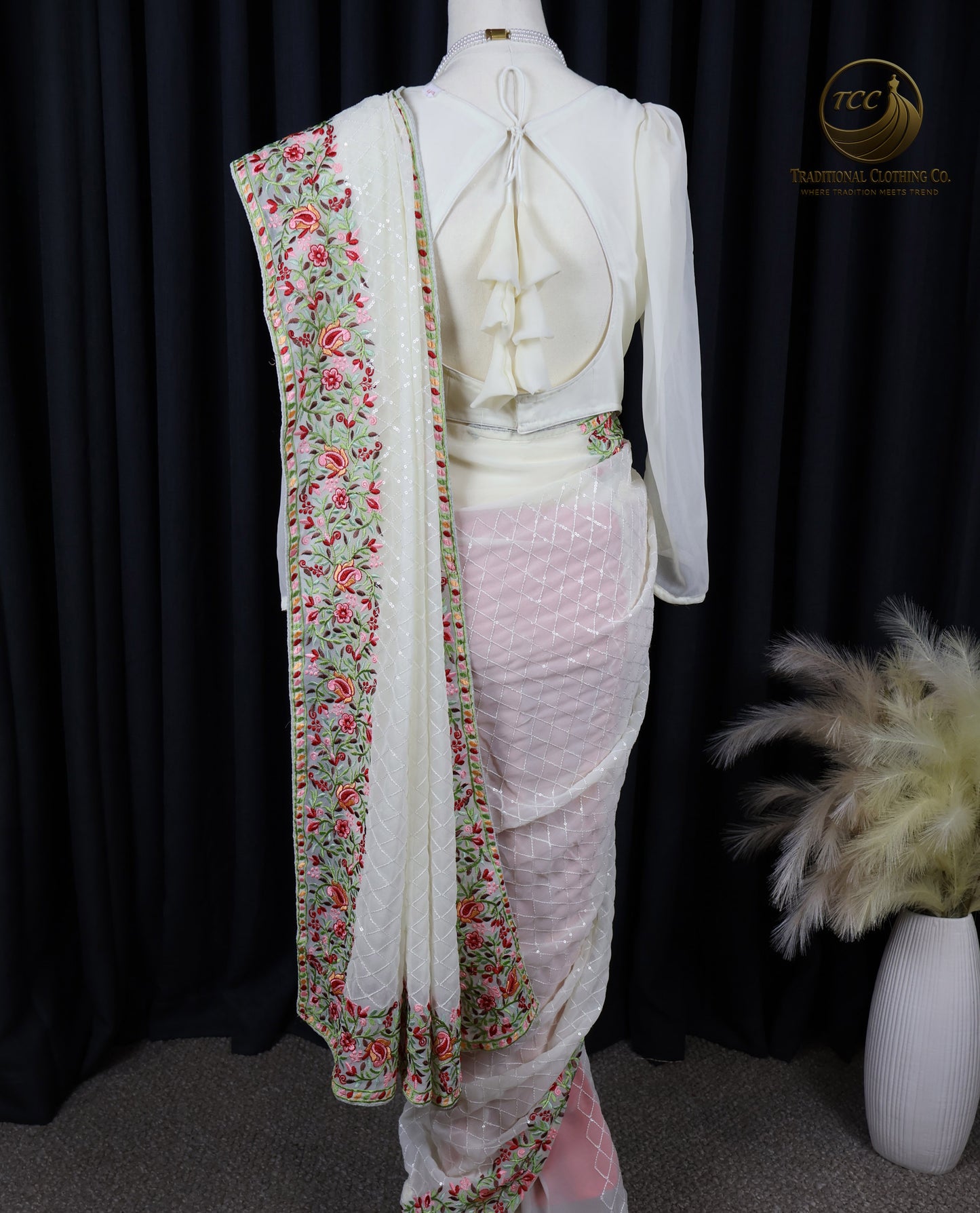 White Floral Embroidered Sequin Saree – Elegant Traditional Festive Wear | Ready to Wear - Boitique Edition