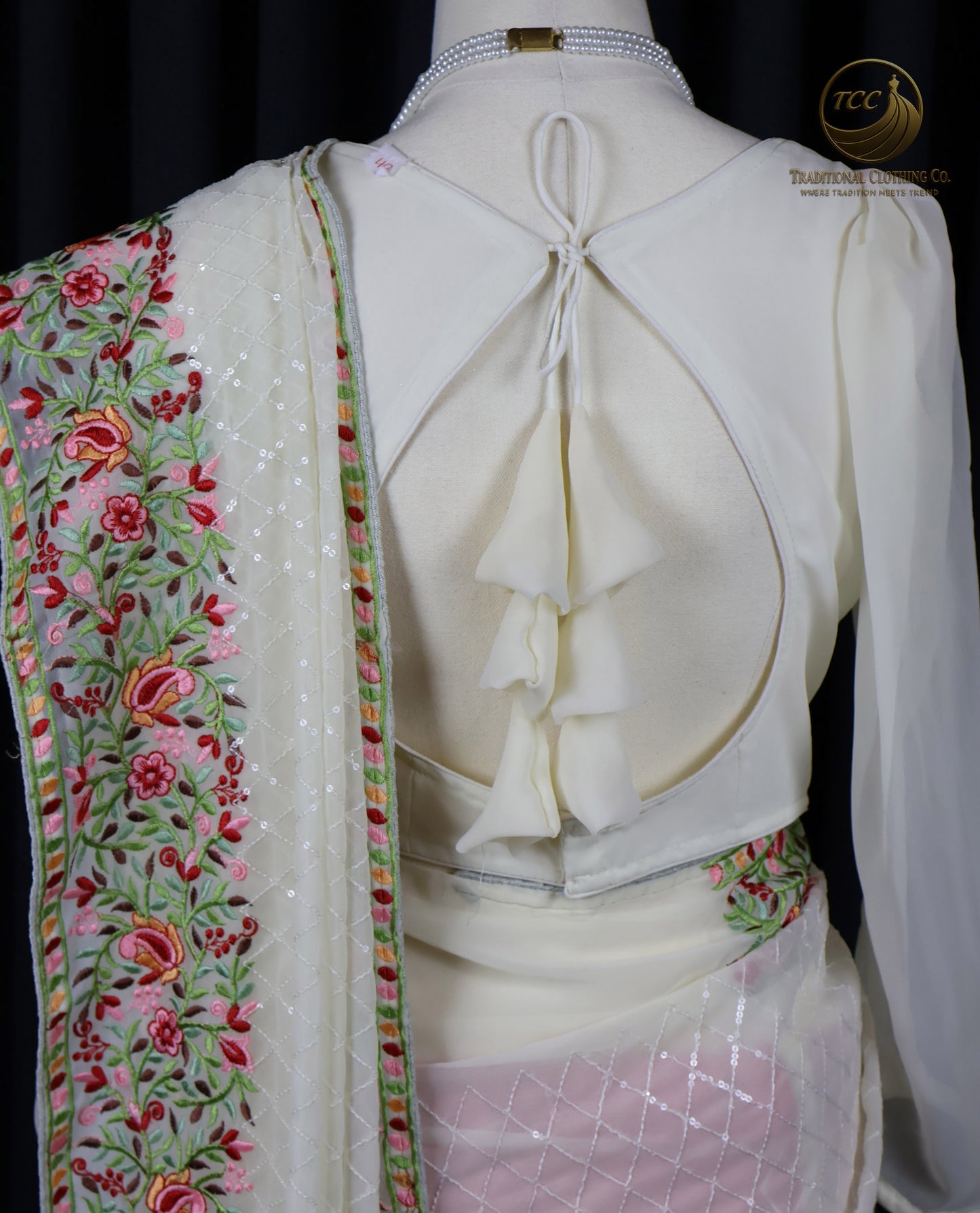 White Floral Embroidered Sequin Saree – Elegant Traditional Festive Wear | Ready to Wear - Boitique Edition