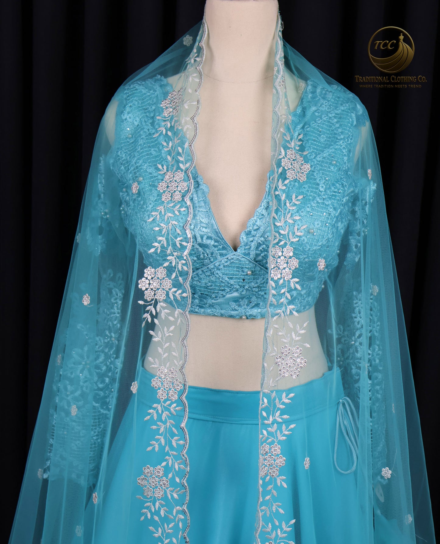 Turquoise Embroidered Lehenga Choli with adjustable Hard-net – Elegant Traditional Festive Wear