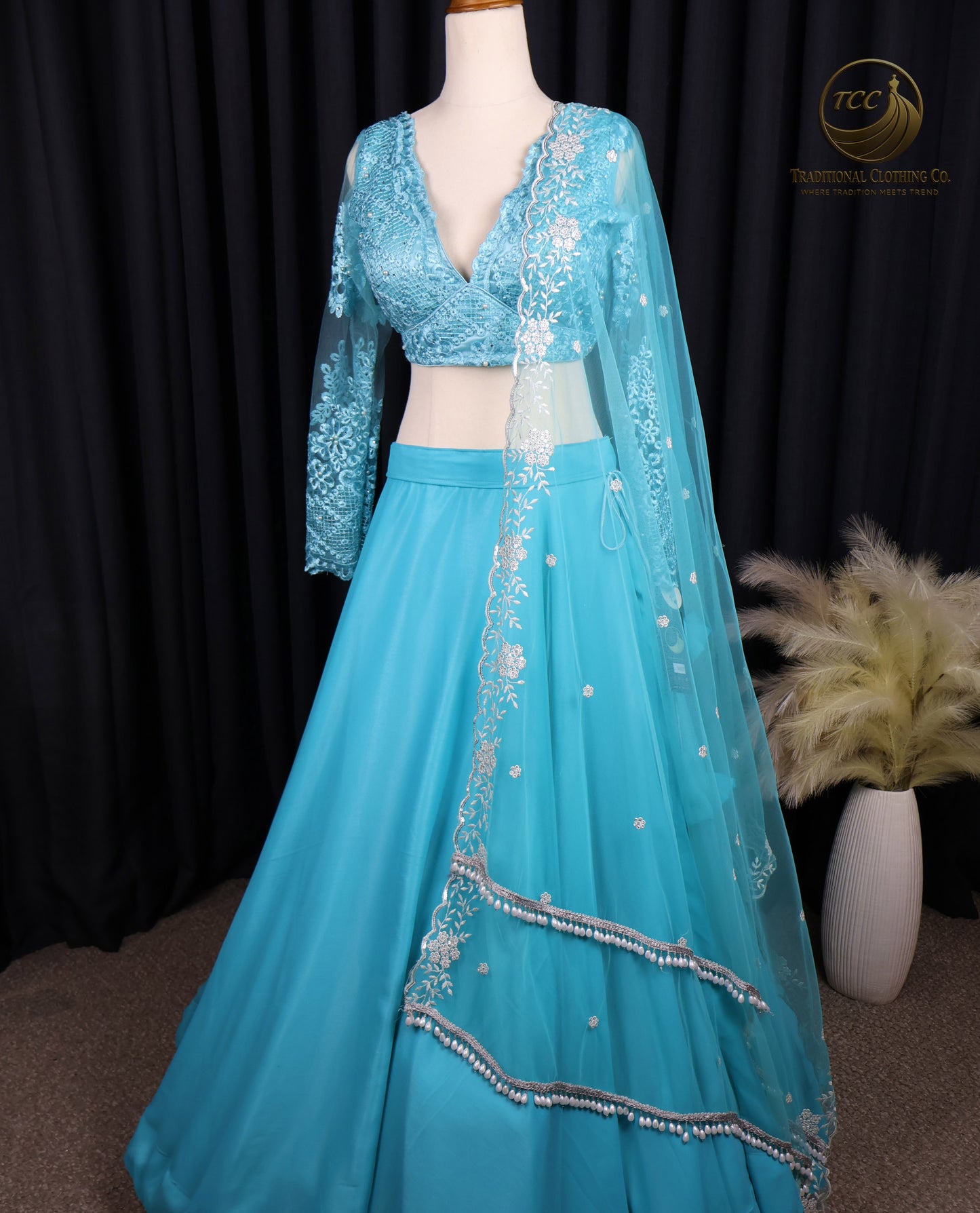 Turquoise Embroidered Lehenga Choli with adjustable Hard-net – Elegant Traditional Festive Wear