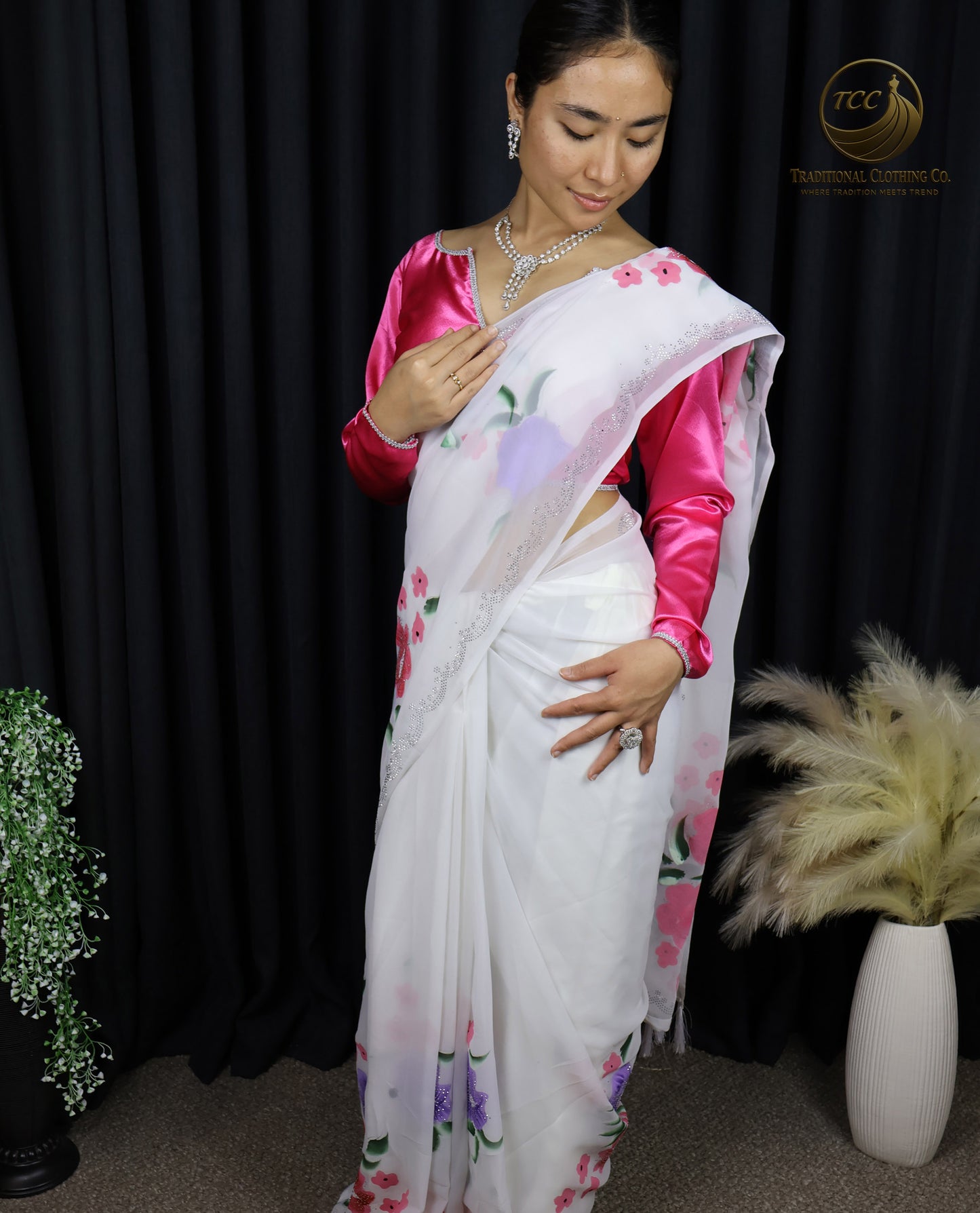 White Floral Embroidered Saree with Pink Blouse – Elegant Traditional Wear
