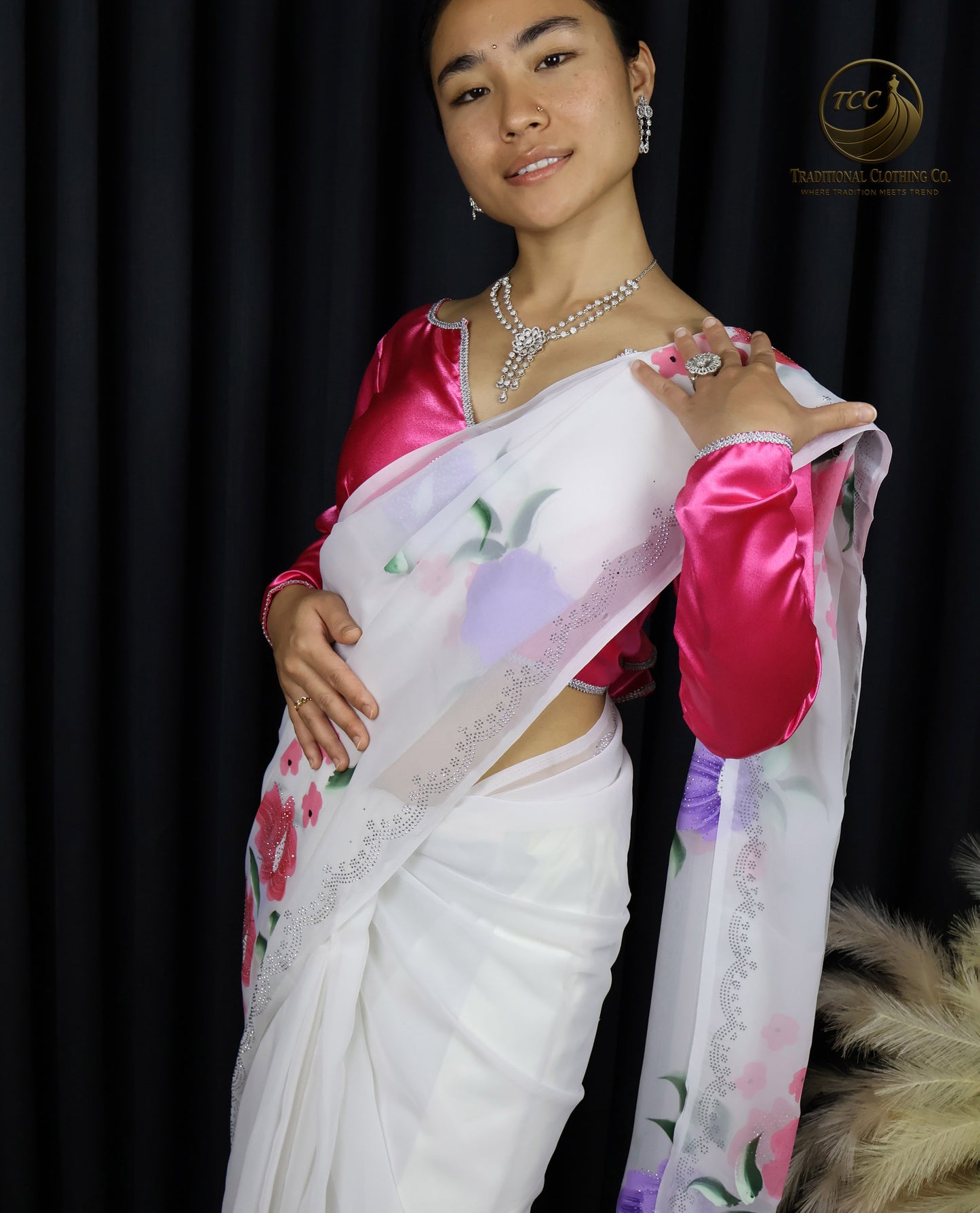 White Floral Embroidered Saree with Pink Blouse – Elegant Traditional Wear