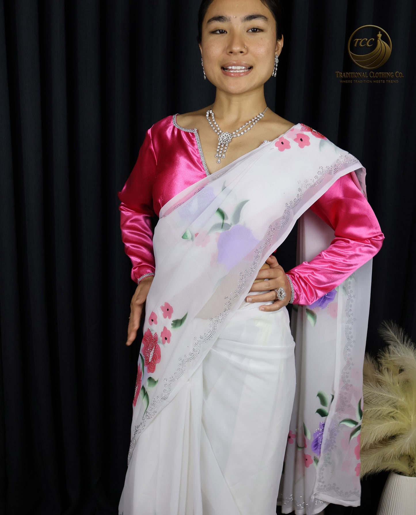 White Floral Embroidered Saree with Pink Blouse – Elegant Traditional Wear