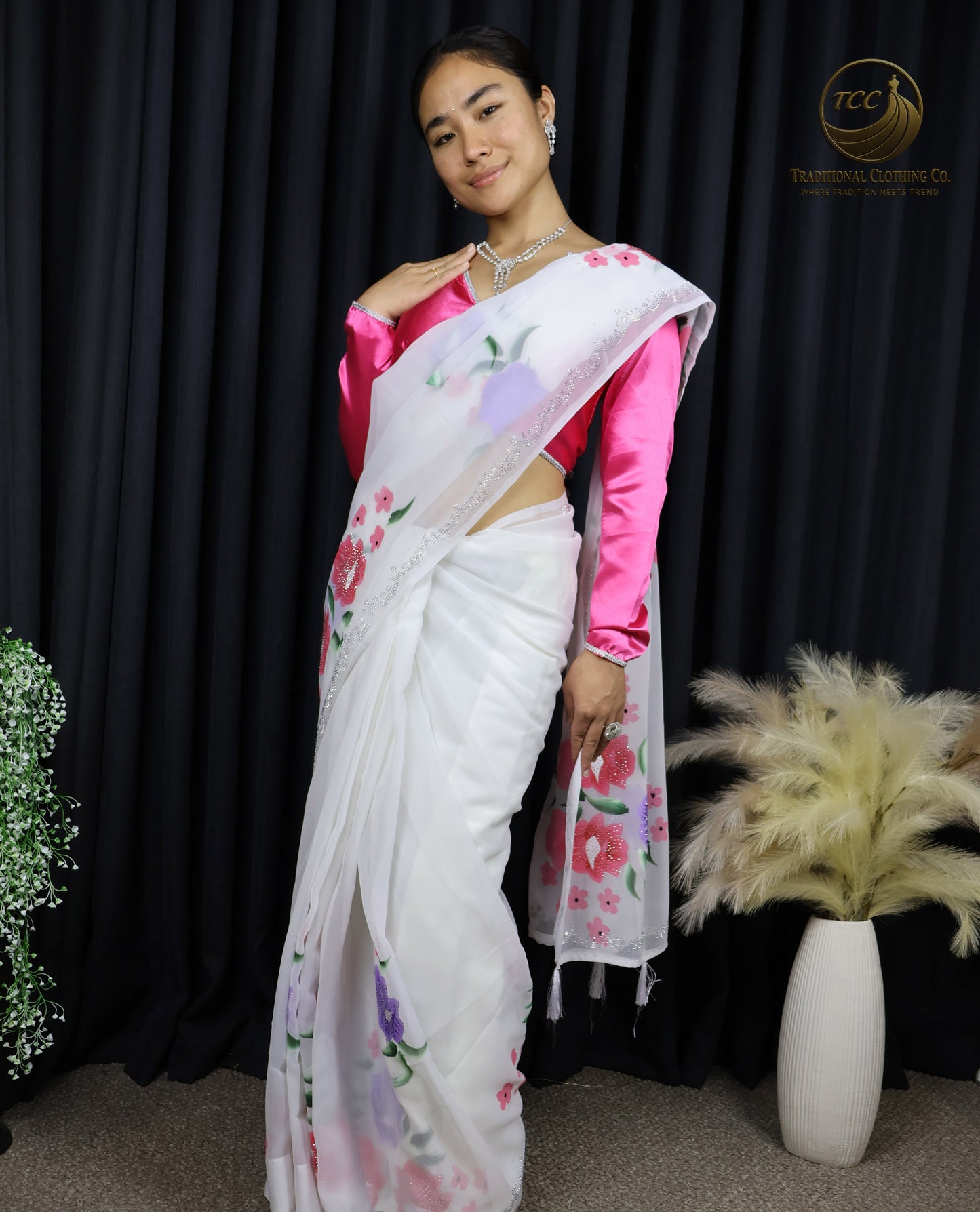 White Floral Embroidered Saree with Pink Blouse – Elegant Traditional Wear