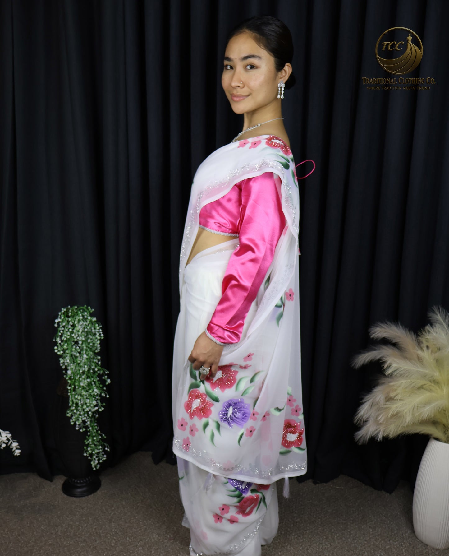 White Floral Embroidered Saree with Pink Blouse – Elegant Traditional Wear