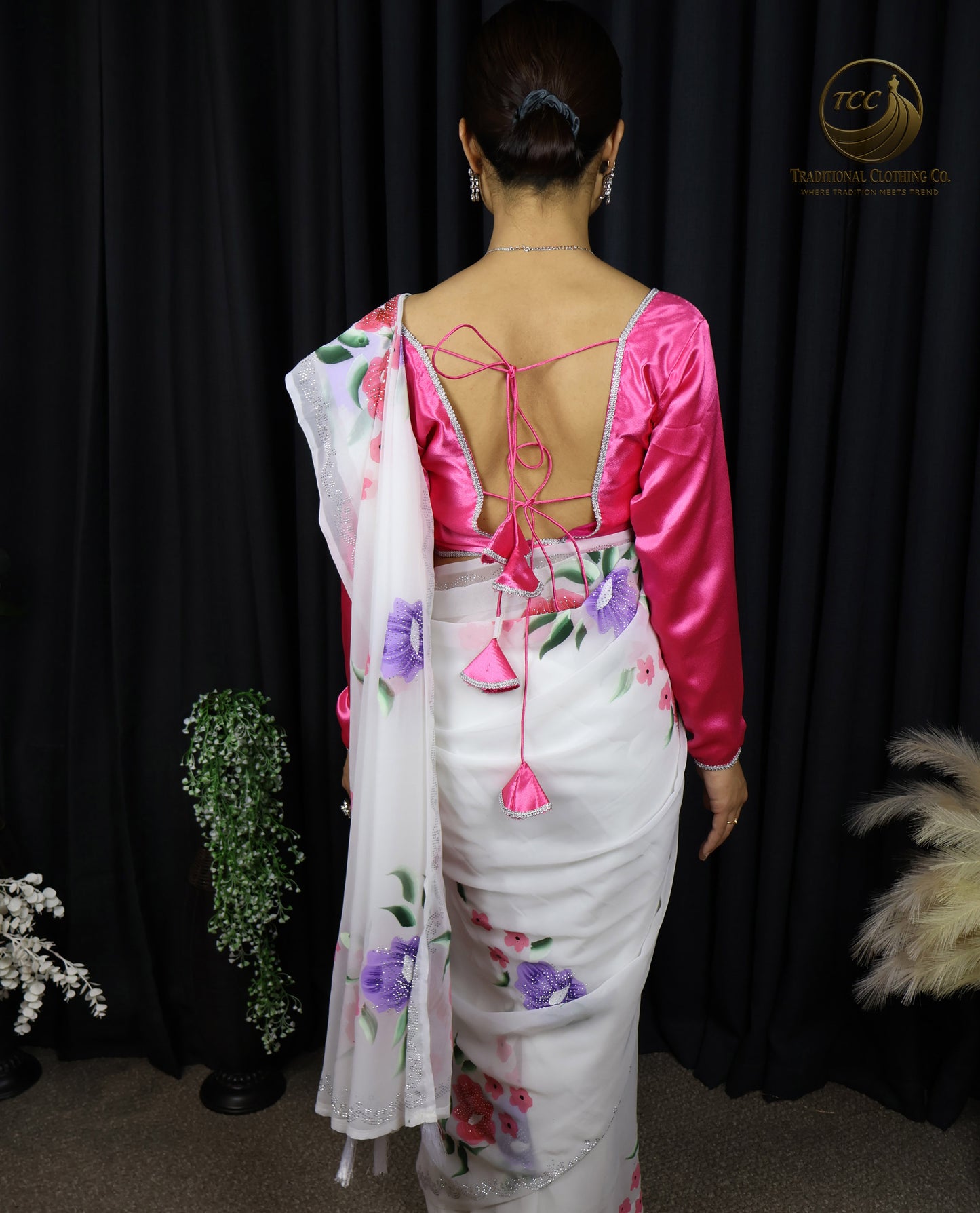 White Floral Embroidered Saree with Pink Blouse – Elegant Traditional Wear