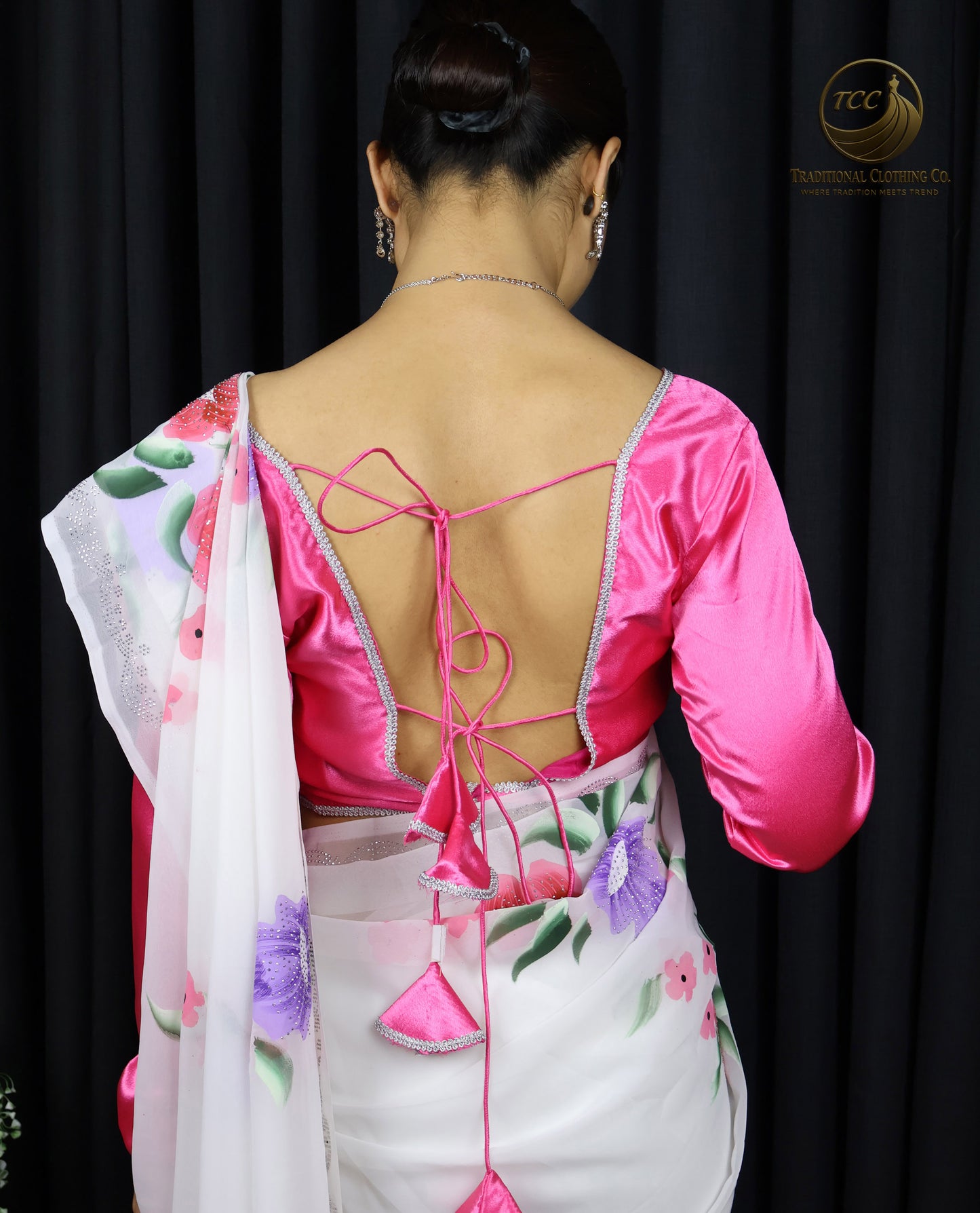 White Floral Embroidered Saree with Pink Blouse – Elegant Traditional Wear