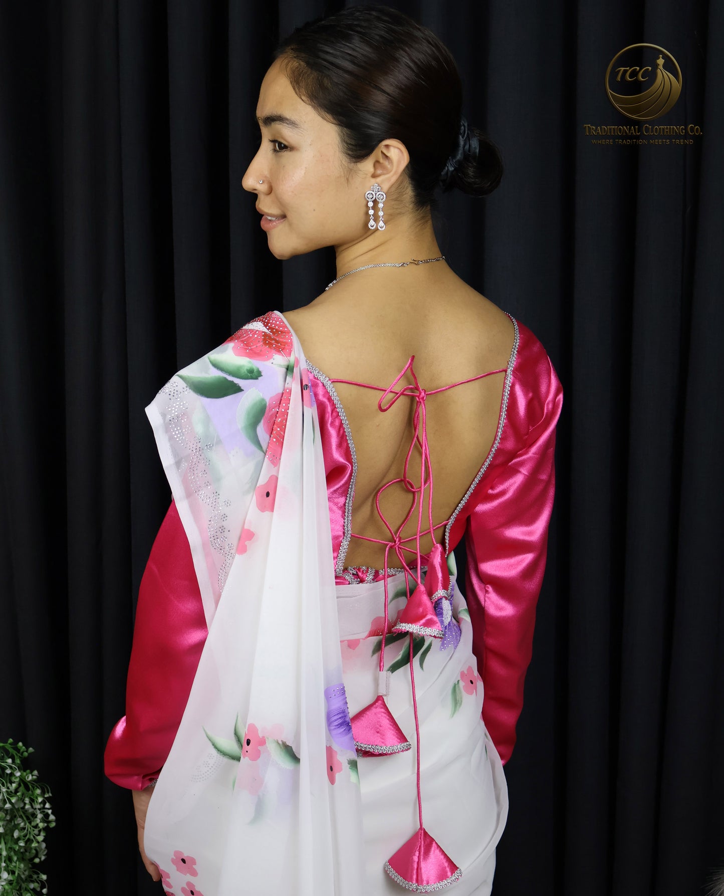 White Floral Embroidered Saree with Pink Blouse – Elegant Traditional Wear