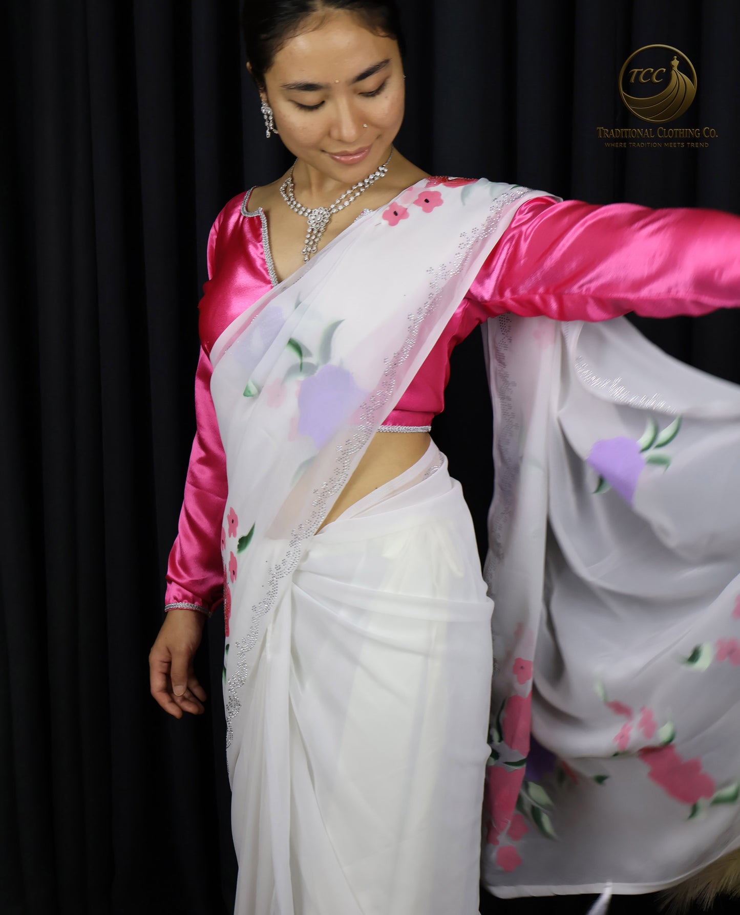 White Floral Embroidered Saree with Pink Blouse – Elegant Traditional Wear