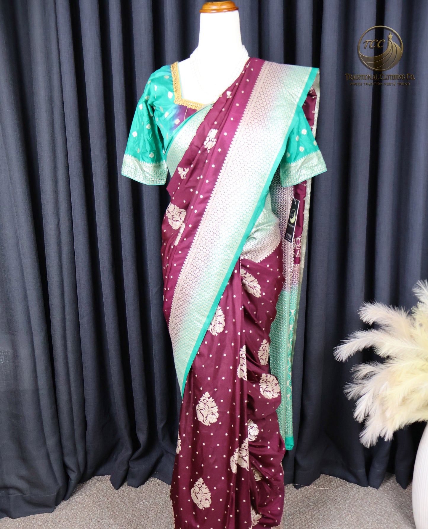 Maroon and Green Floral Embroidered Ready to wear Saree set – Traditional Festive Wear | Boutique Edition