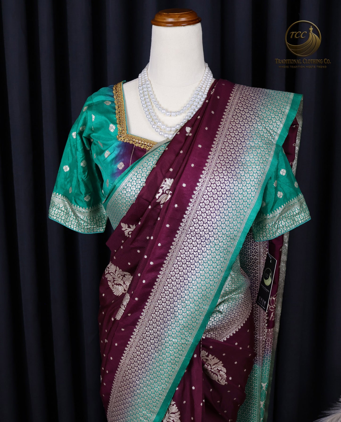 Maroon and Green Floral Embroidered Ready to wear Saree set – Traditional Festive Wear | Boutique Edition