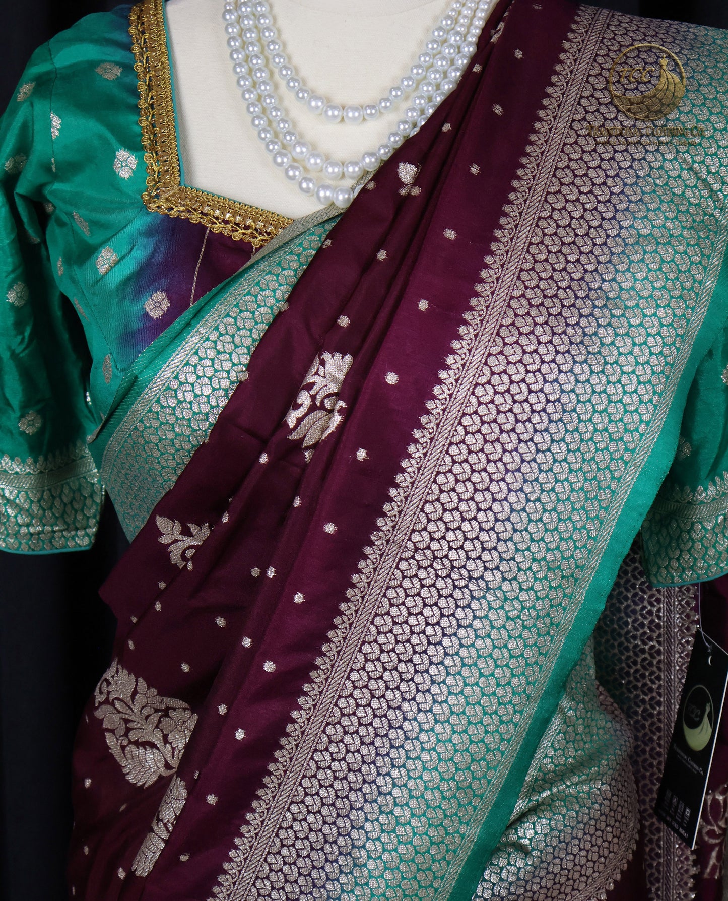 Maroon and Green Floral Embroidered Ready to wear Saree set – Traditional Festive Wear | Boutique Edition