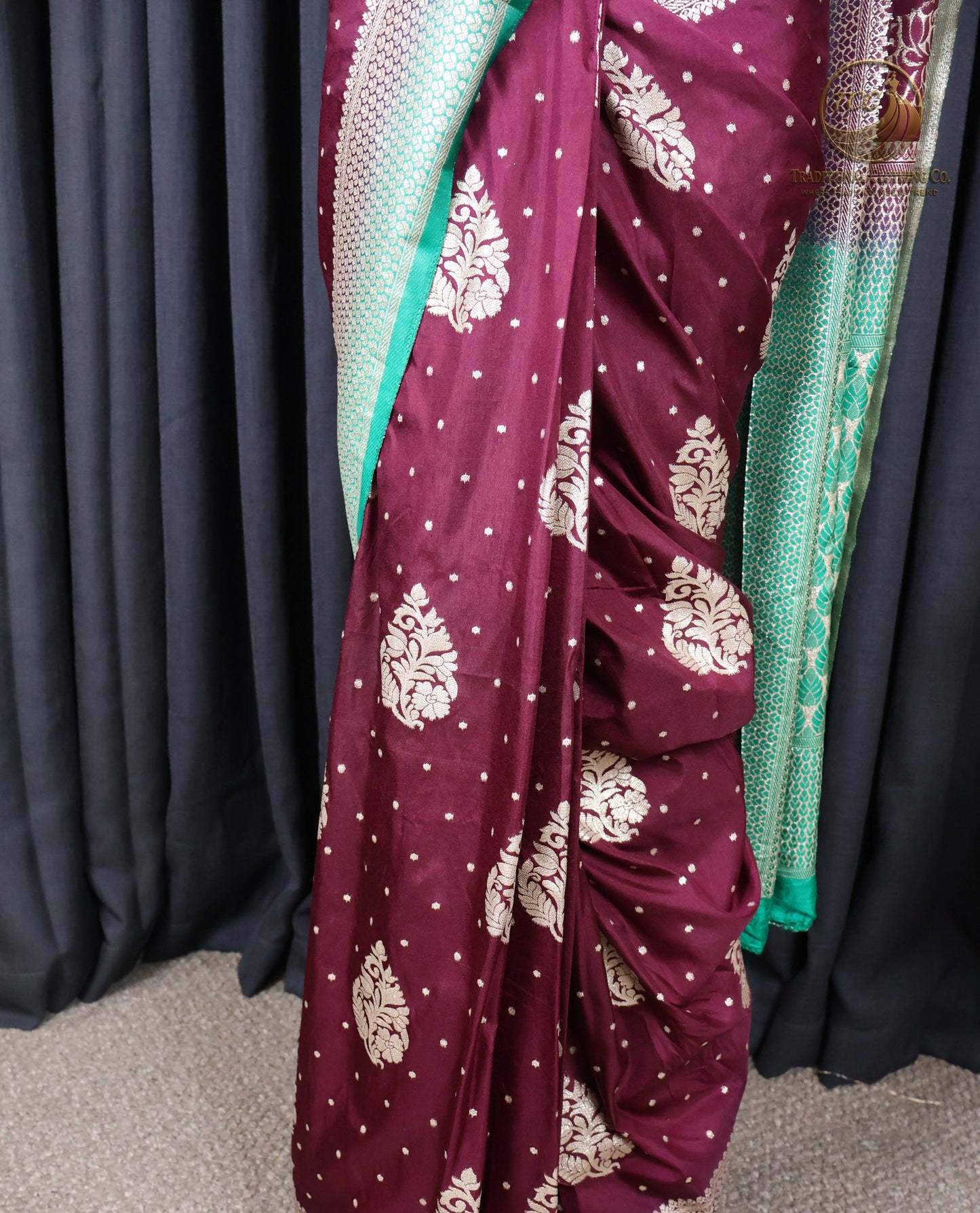 Maroon and Green Floral Embroidered Ready to wear Saree set – Traditional Festive Wear | Boutique Edition