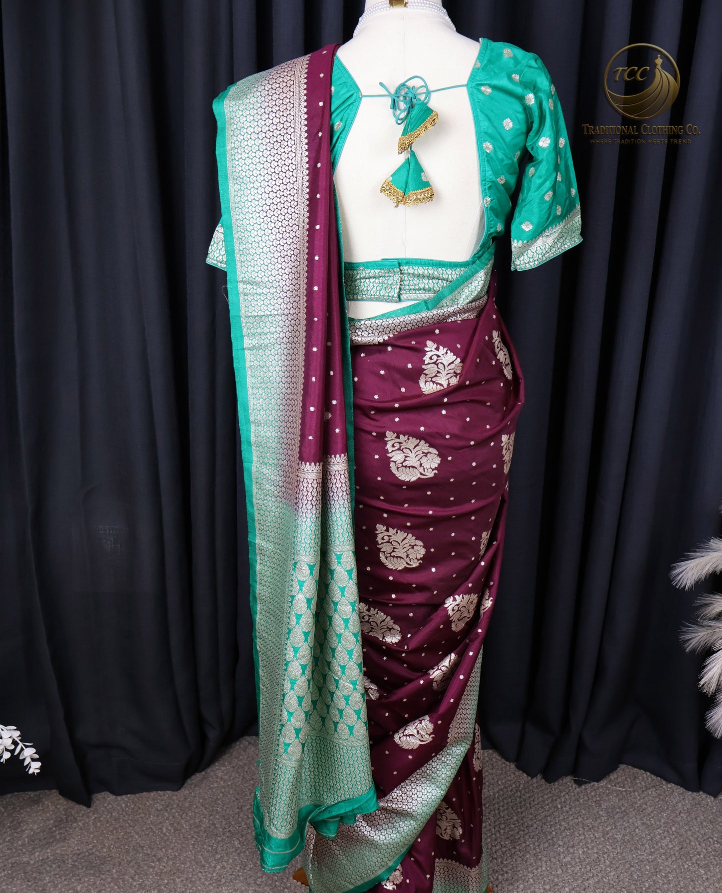 Maroon and Green Floral Embroidered Ready to wear Saree set – Traditional Festive Wear | Boutique Edition