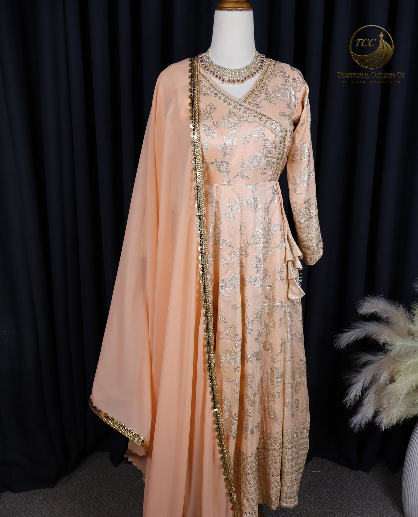 Peach Anarkali Set with Golden Embriodery with Dupatta and matching pant – Elegant Traditional Wear | Boutique Edition