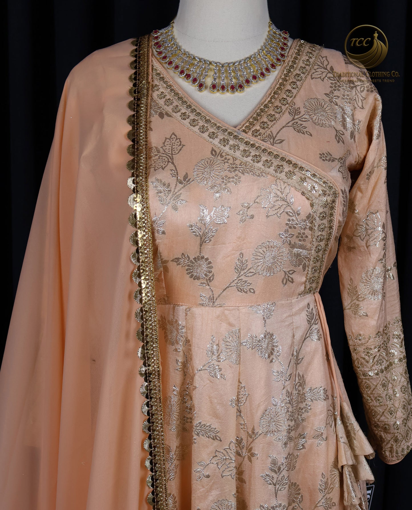Peach Anarkali Set with Golden Embriodery with Dupatta and matching pant – Elegant Traditional Wear | Boutique Edition
