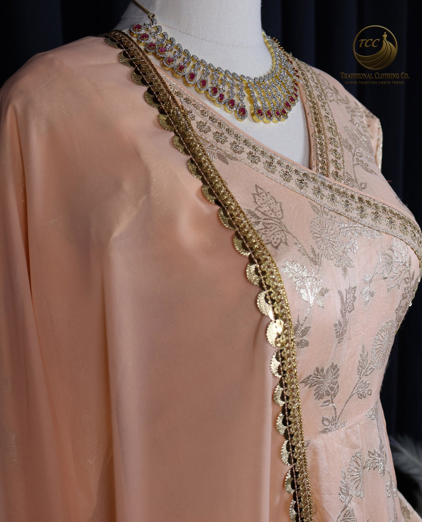 Peach Anarkali Set with Golden Embriodery with Dupatta and matching pant – Elegant Traditional Wear | Boutique Edition