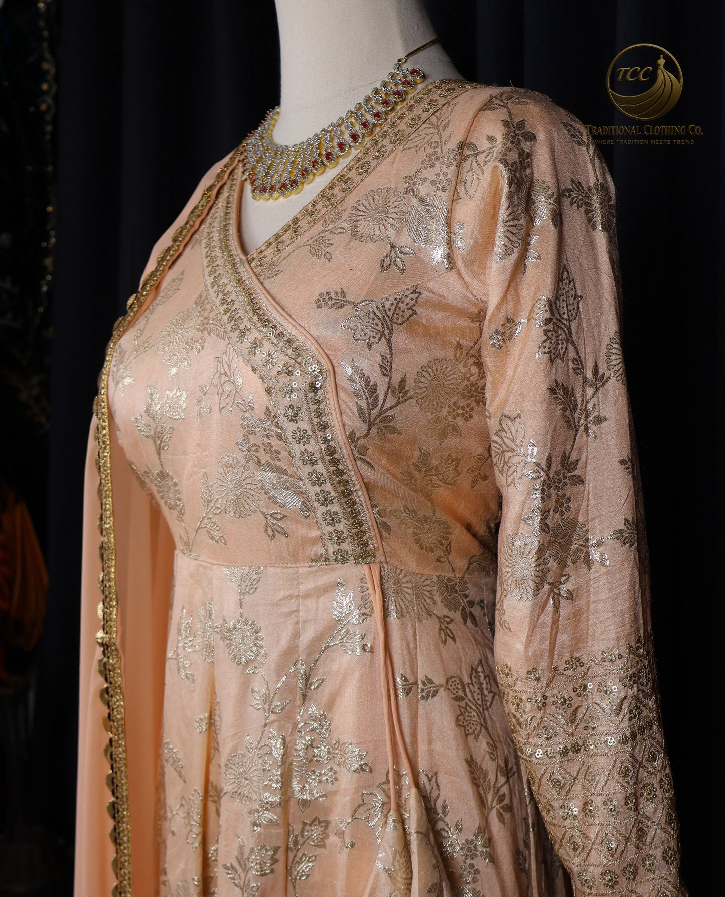 Peach Anarkali Set with Golden Embriodery with Dupatta and matching pant – Elegant Traditional Wear | Boutique Edition
