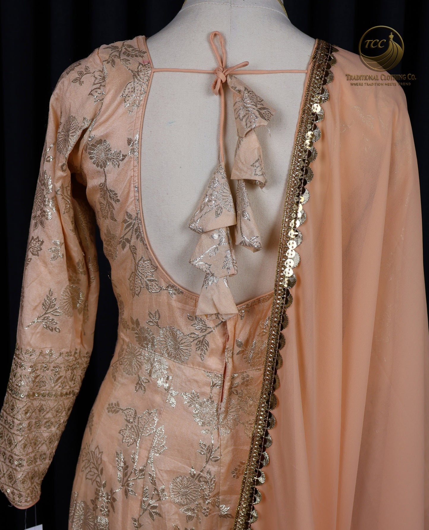 Peach Anarkali Set with Golden Embriodery with Dupatta and matching pant – Elegant Traditional Wear | Boutique Edition