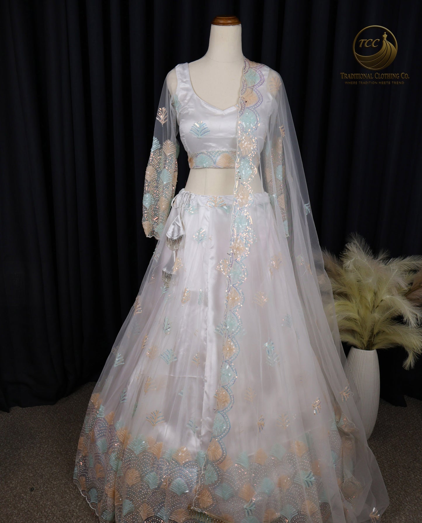White Floral Embroidered Lehenga Choli with Sheer Dupatta – Elegant Traditional Wear