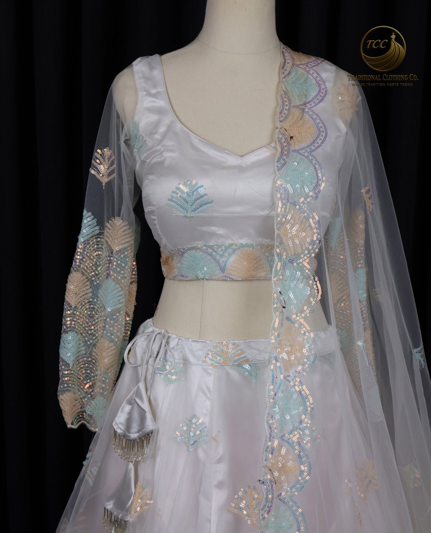 White Floral Embroidered Lehenga Choli with Sheer Dupatta – Elegant Traditional Wear
