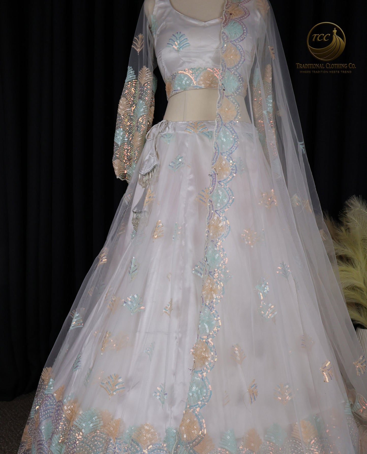 White Floral Embroidered Lehenga Choli with Sheer Dupatta – Elegant Traditional Wear
