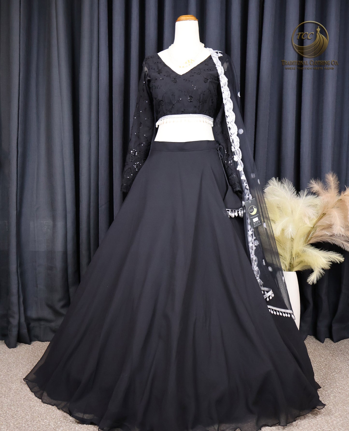 Black Embroidered Lehenga Choli with Sheer Dupatta – Timeless Traditional Wear