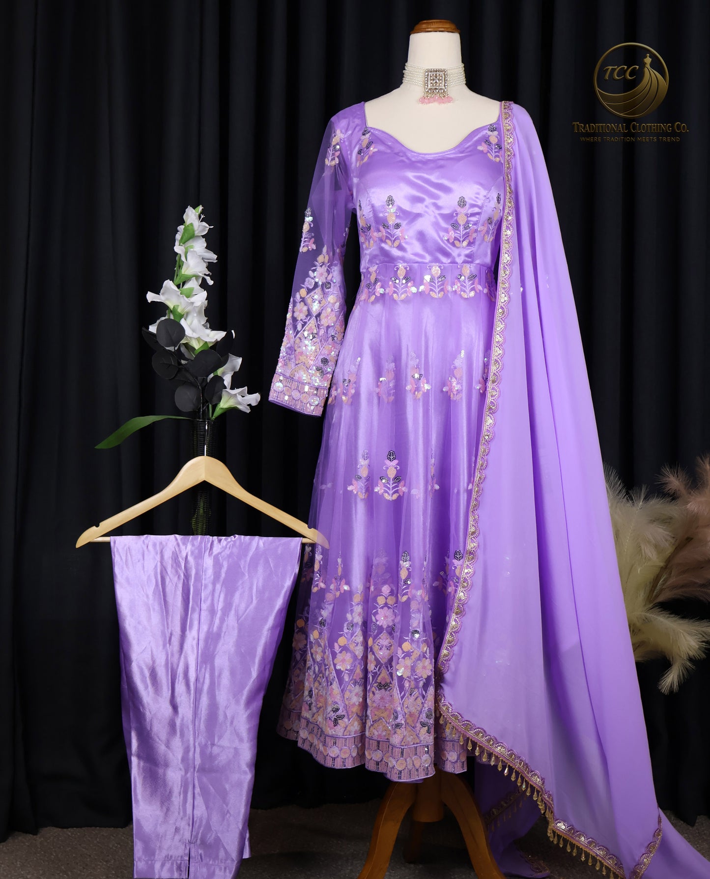 Lavender Embroidered Banarasi Anarkali Set with Dupatta – Elegant 3-Piece Traditional Women’s Wear | Boutique edition