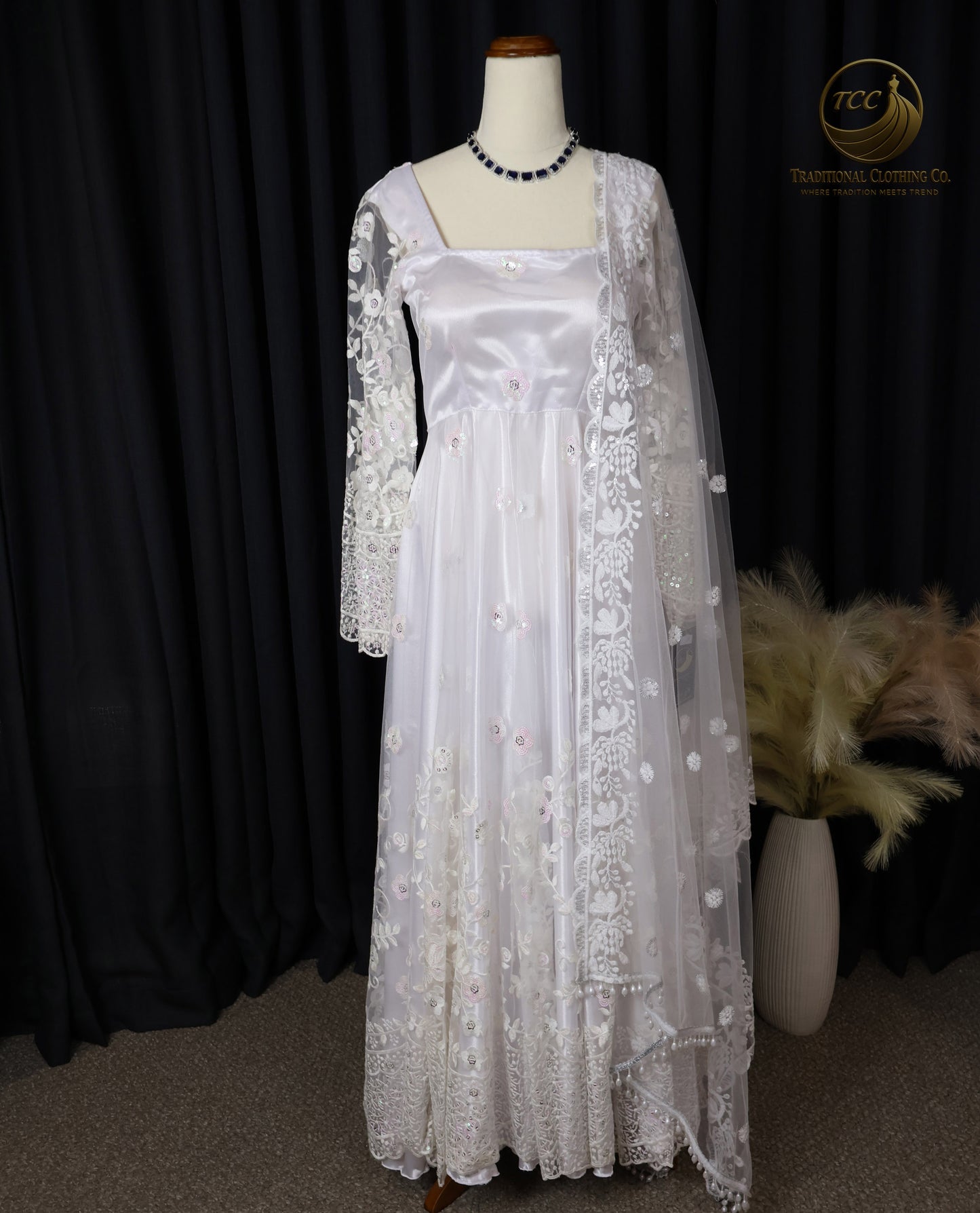 White Lace Embroidered Gown with Sheer Sleeves – Elegant Traditional Wear | Boutique edition