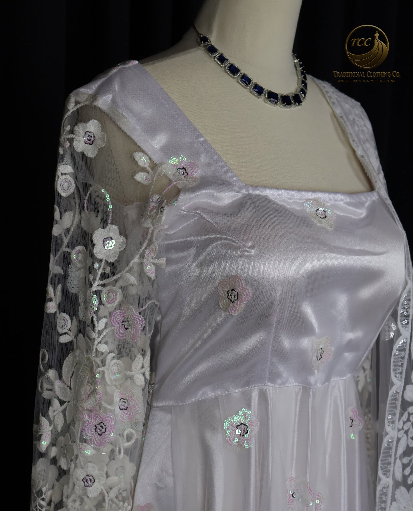 White Lace Embroidered Gown with Sheer Sleeves – Elegant Traditional Wear | Boutique edition