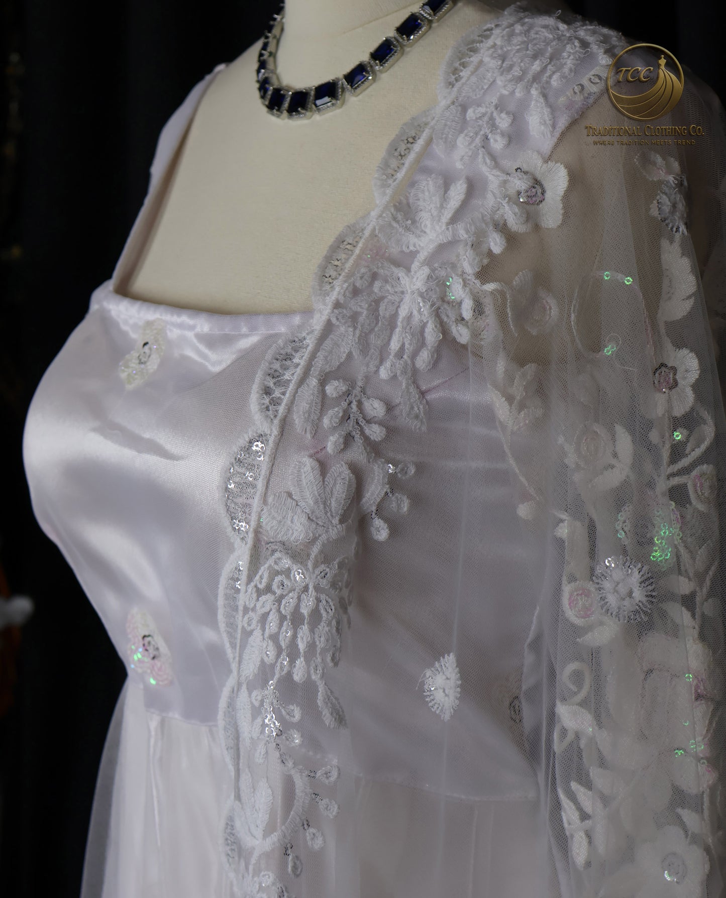 White Lace Embroidered Gown with Sheer Sleeves – Elegant Traditional Wear | Boutique edition